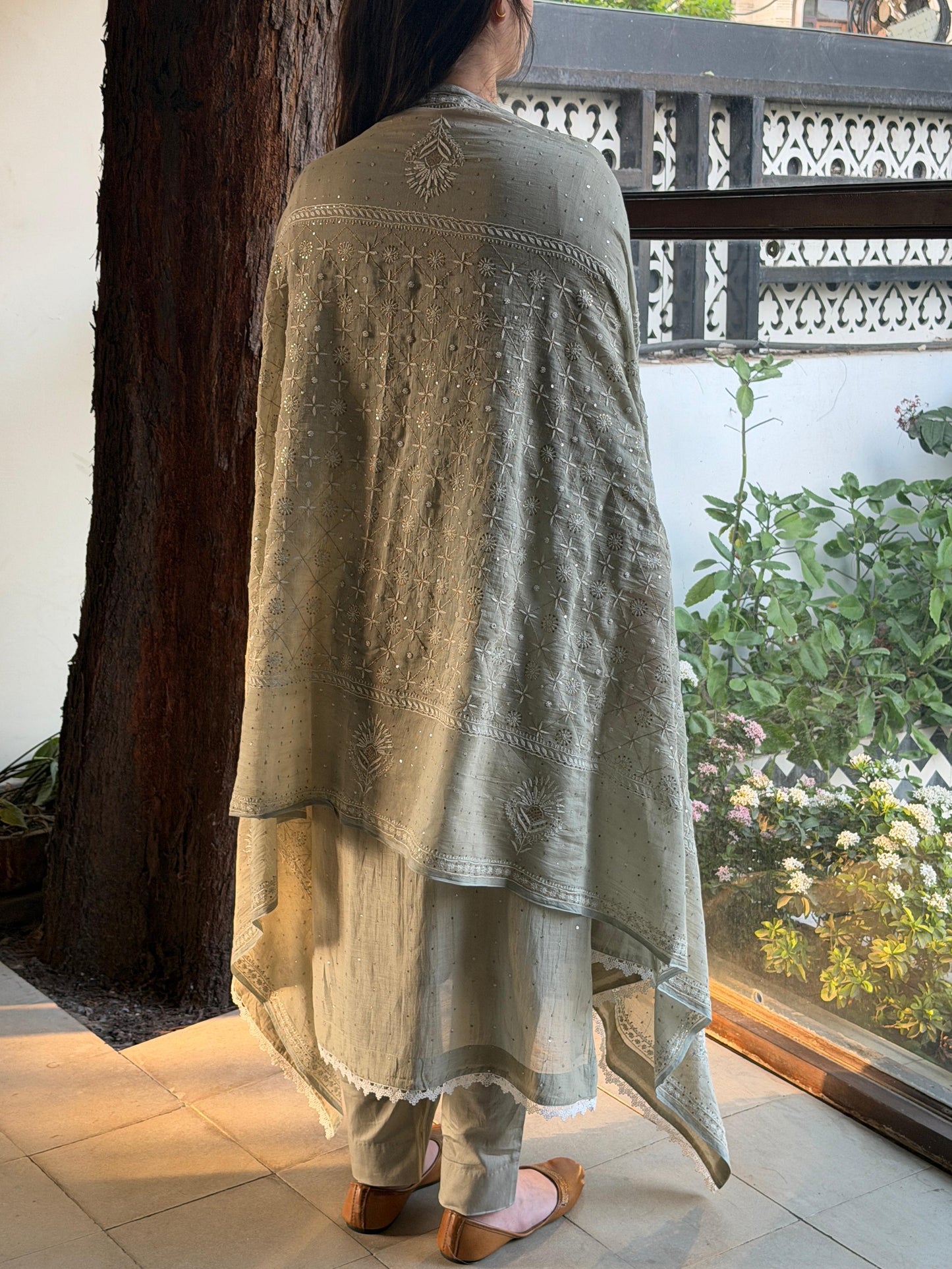 Grey Green Mulmul Pearl White Chikankari Kurta With Heavy Dupatta