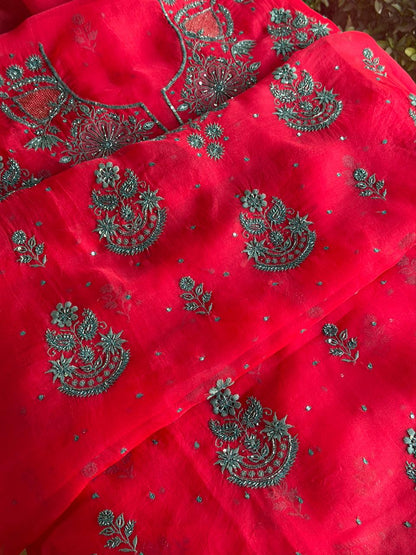 Watermelon Shade Noor Organza Silk Chikankari Unstitched Kurta Dupatta Set
