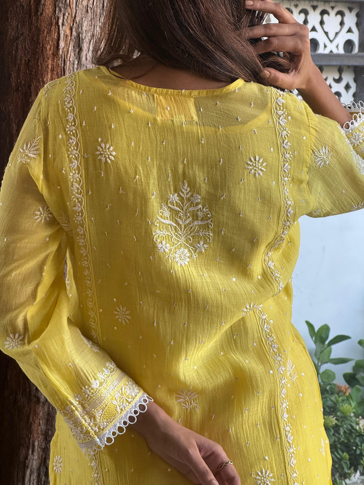 Yellow Shade Malmal Pearl White Chikankari Ready to Wear Kurta Set