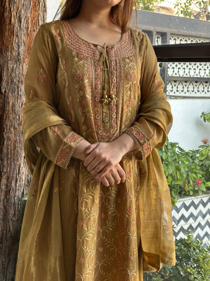 Mustard Shade Tissue Silk Chikankari Anarkali With Ari Work