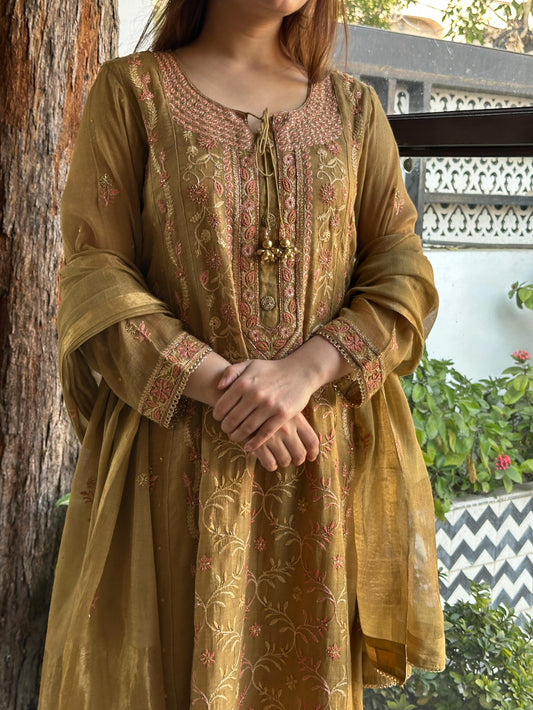 Mustard Shade Tissue Silk Chikankari Anarkali With Ari Work