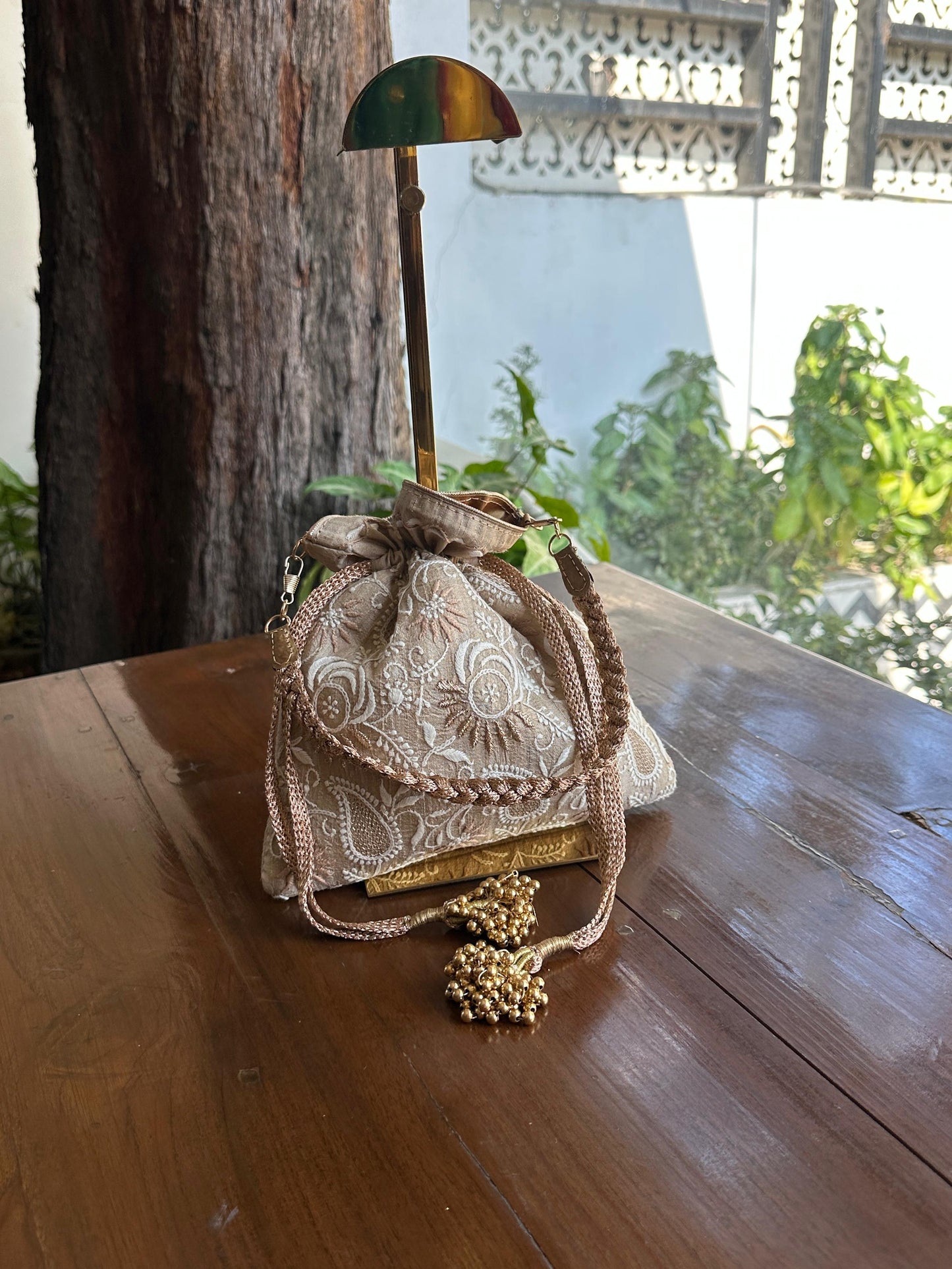 Natural Beige Raw Silk Chikankari Polti Bag