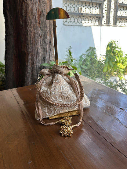 Natural Beige Raw Silk Chikankari Polti Bag