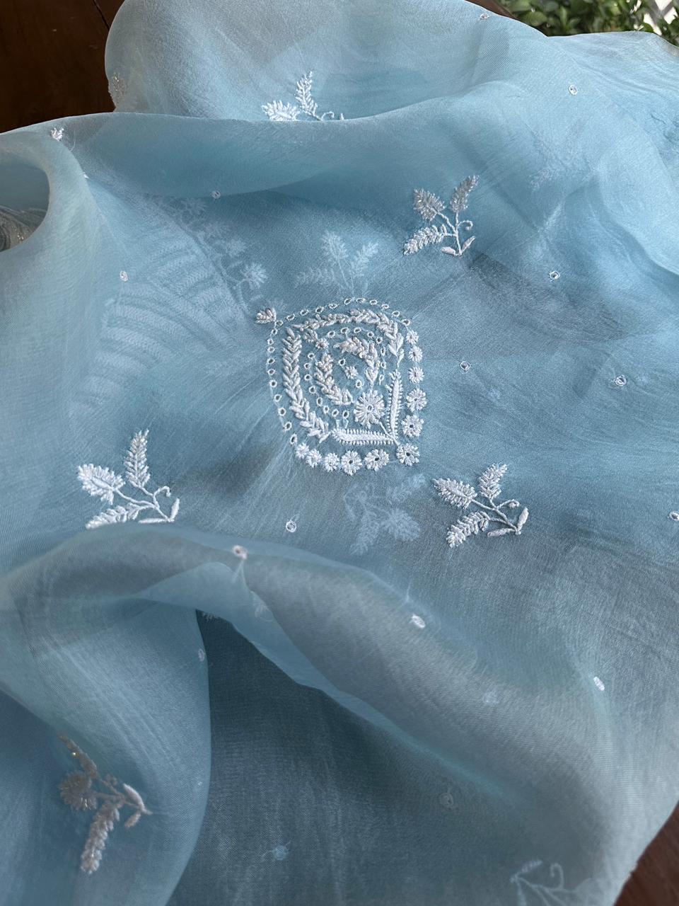 Powder Blue Noor Organza Banarasi Silk Chikankari Unstitched Kurta Dupatta Set
