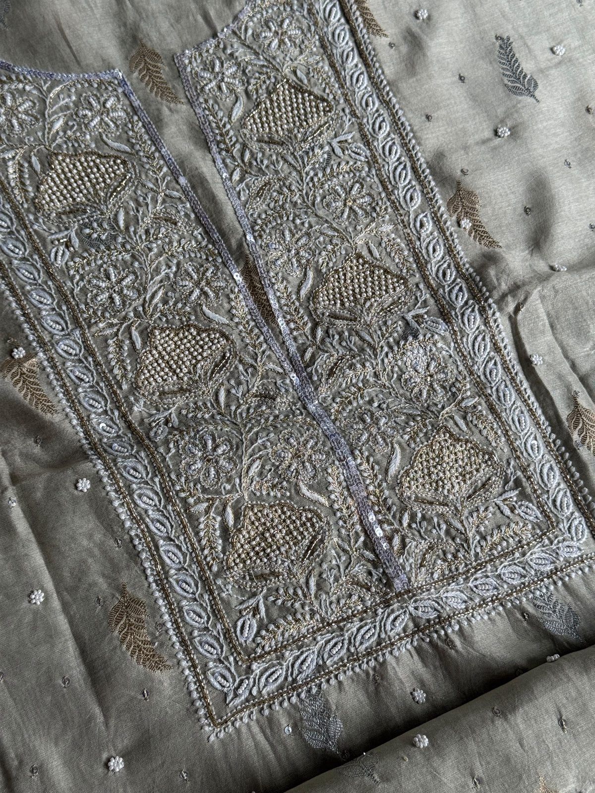 Grey Shade Banarasi Zari Chanderi Unstitched Chikankari Fabric