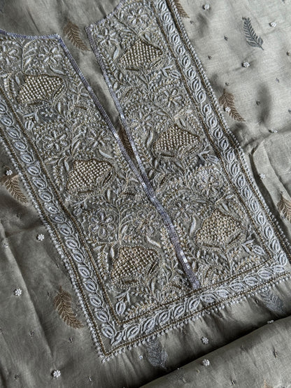 Grey Shade Banarasi Zari Chanderi Unstitched Chikankari Fabric