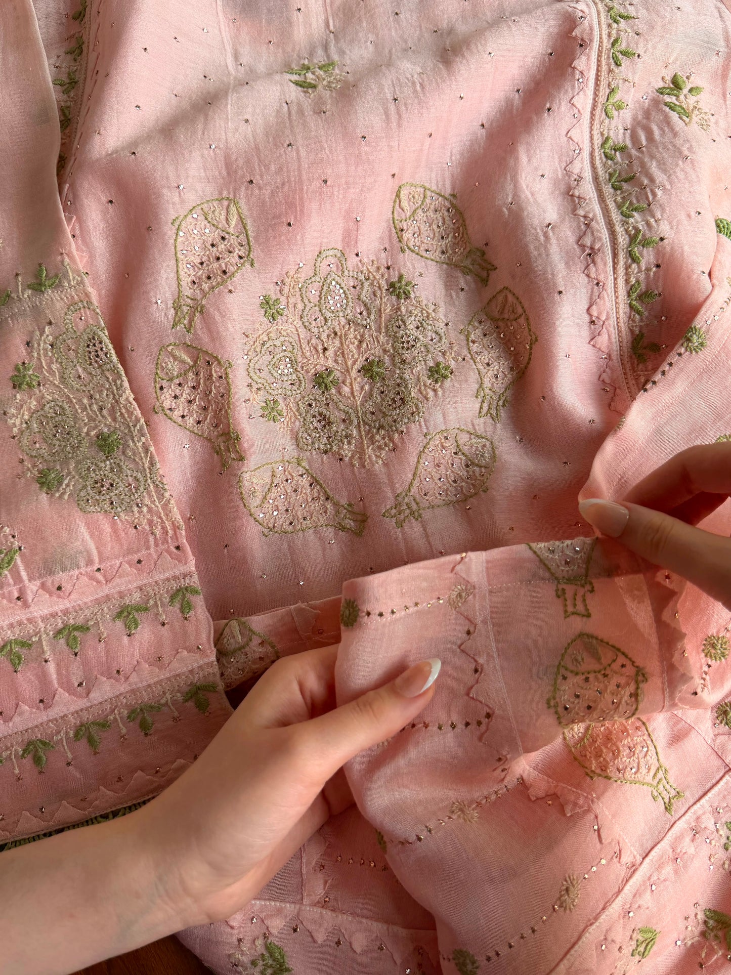 Applique Mahi Motif Soft Pink Mal Chanderi Chikankari Kurta Set