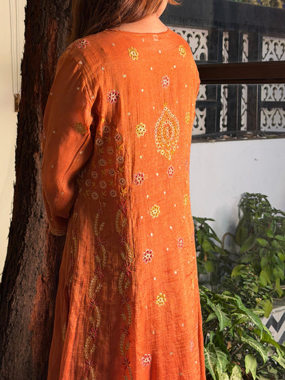 Rust Orange Shade Tissue Silk Chikankari Anarkali With Ari Work