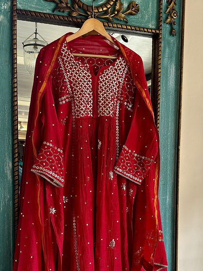 Cherry Red Shade Mukaish Mul Chanderi Silk Dress