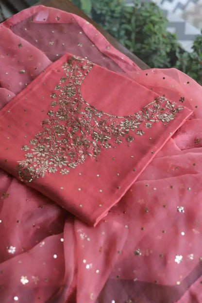 Carrot Pink Chanderi Silk Mukaish Badla Unstitched Fabrics