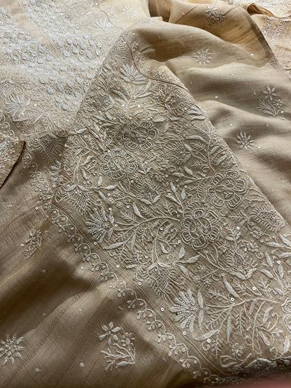 Semi Stitched Natural Tussar Silk Chikankari Kurta Dupatta Set