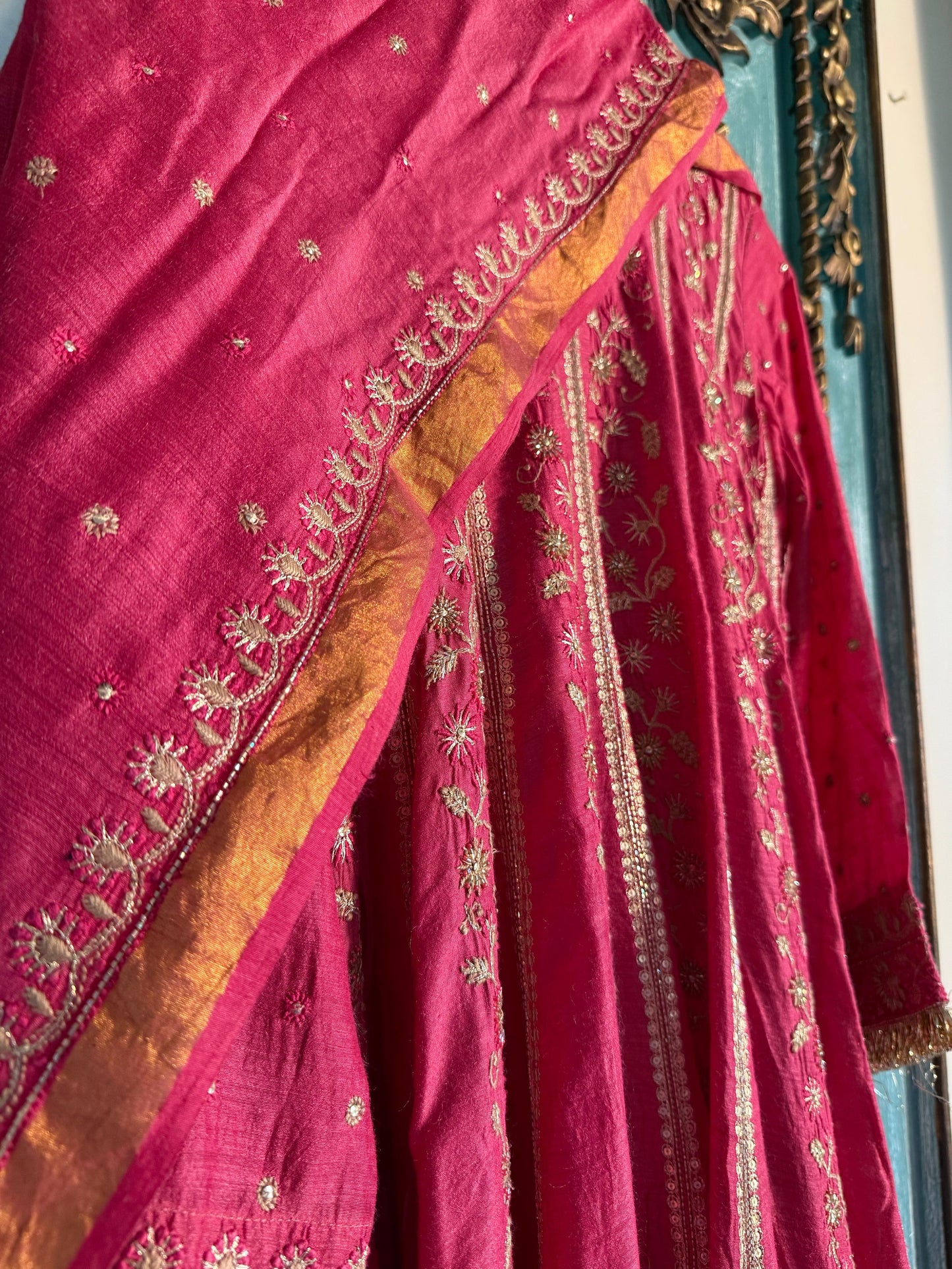 Roheen Pink Moonga Silk Chikankari Anarkali With Dupatta