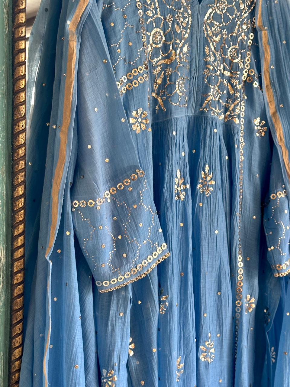 Powder Blue Shade Mukaish Mul Chanderi Silk Dress