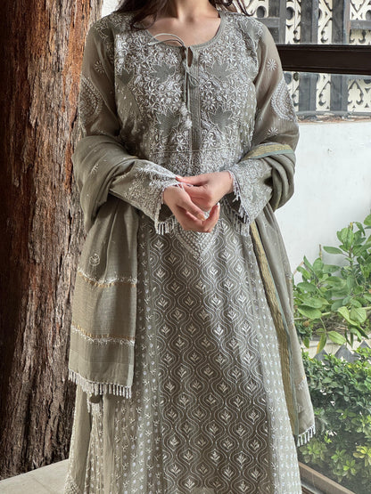Slate Grey Shade Malmal Pearl Work Chikankari Anarkali