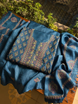 Blue Multi Roheen Tussar Silk Chikankari Fabric
