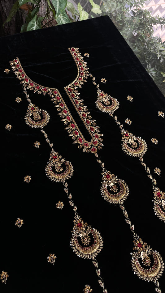 Jet Black & Maroon Shade | Saman Velvet Ready To Wear Kurta Set