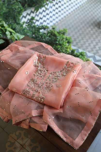 Coral Peach Shade Noor Organza Silk Badla Unstitched Kurta Dupatta Set