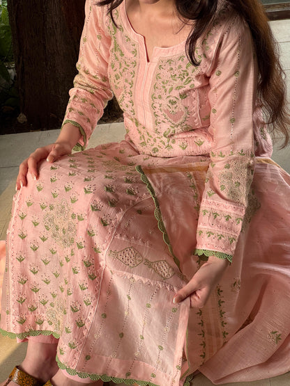 Applique Mahi Motif Soft Pink Mal Chanderi Chikankari Kurta Set
