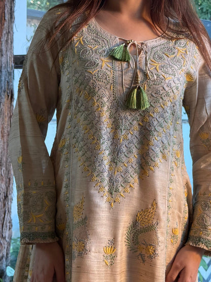 Basak Natural Tussar Silk Kalidar Chikankari Kurta Set