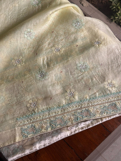 Lemon Shade Noor Banarasi Organza Chikankari Unstitched Fabric