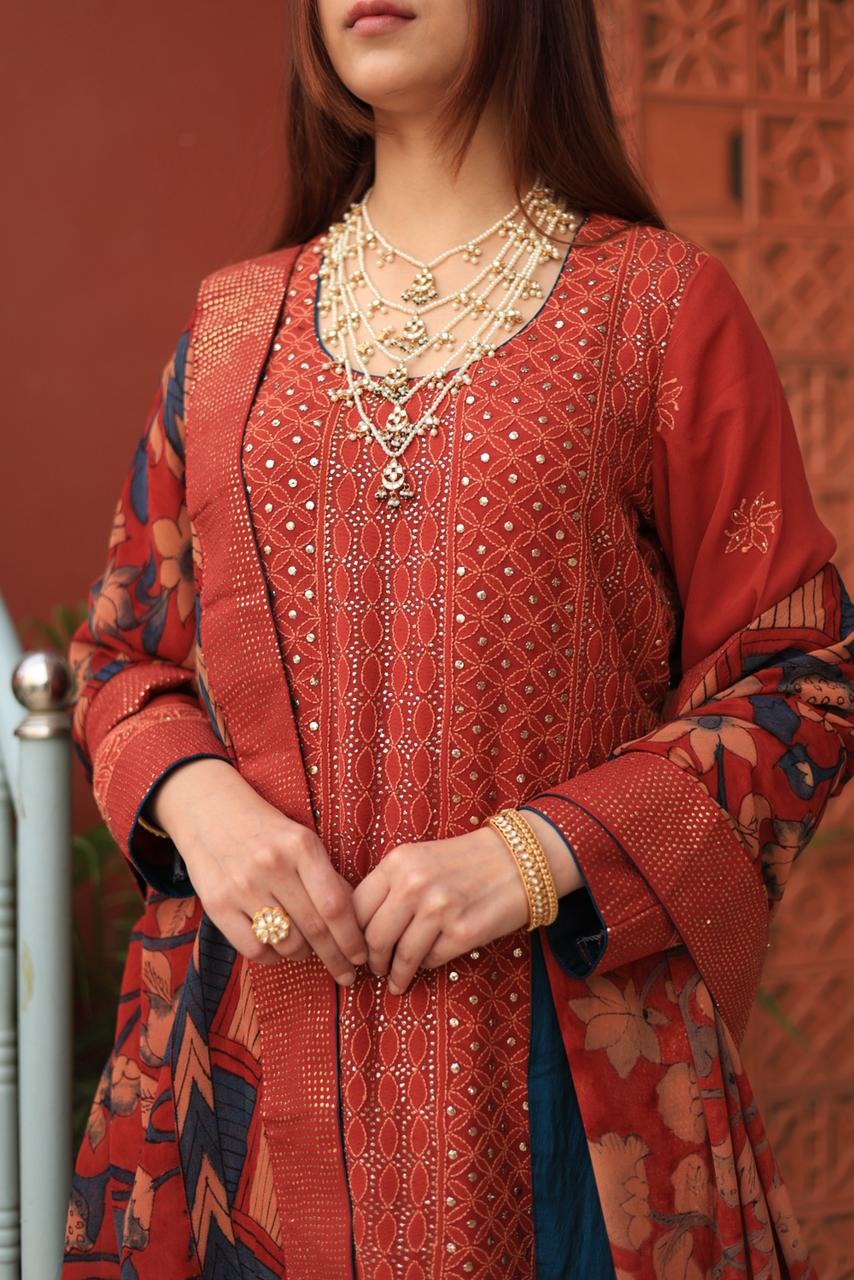 Madder Rust Red Chikankari Pure Georgette Kurta Gharara Set with Kalamkari Dupatta