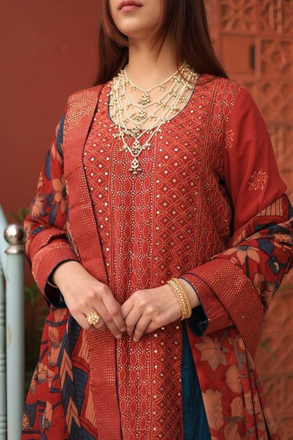 Madder Rust Red Chikankari Pure Georgette Kurta Gharara Set with Kalamkari Dupatta