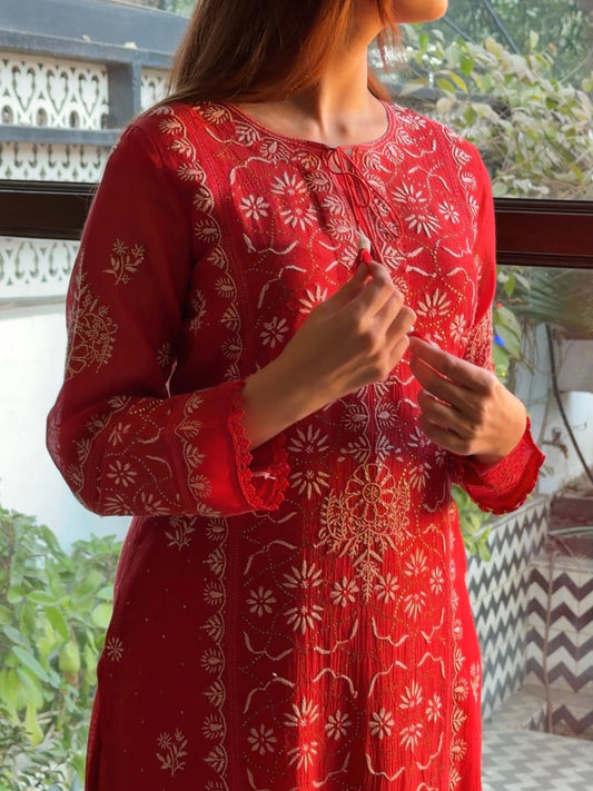 Red Mul Chanderi Mukaish Kamdani Chikankari Stitched Kurta Dupatta Set