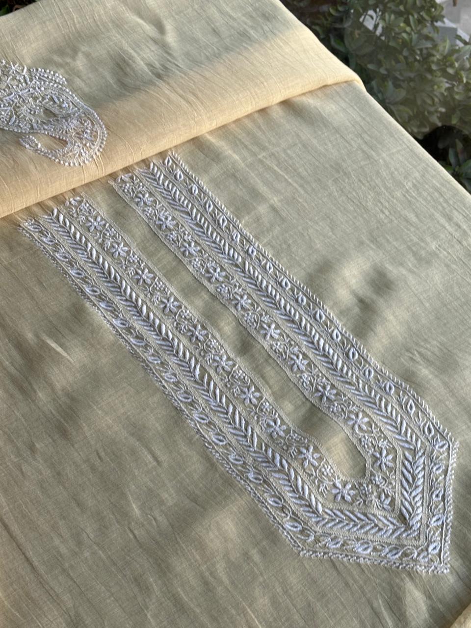 Yellow Mulmul Chikankari Unstitched Men's Kurtas Fabric