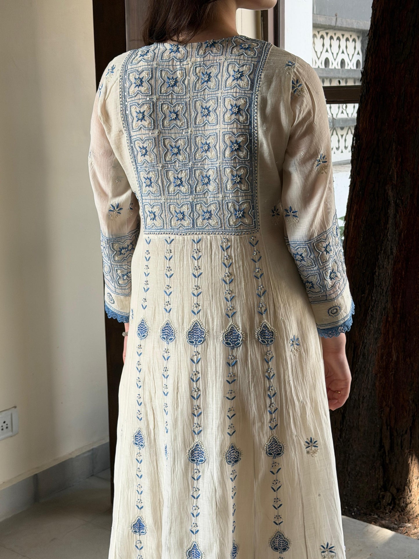 Indigo & Off White Shade Malmal Zari Pearl Work Chikankari Kalidar Kurta Set