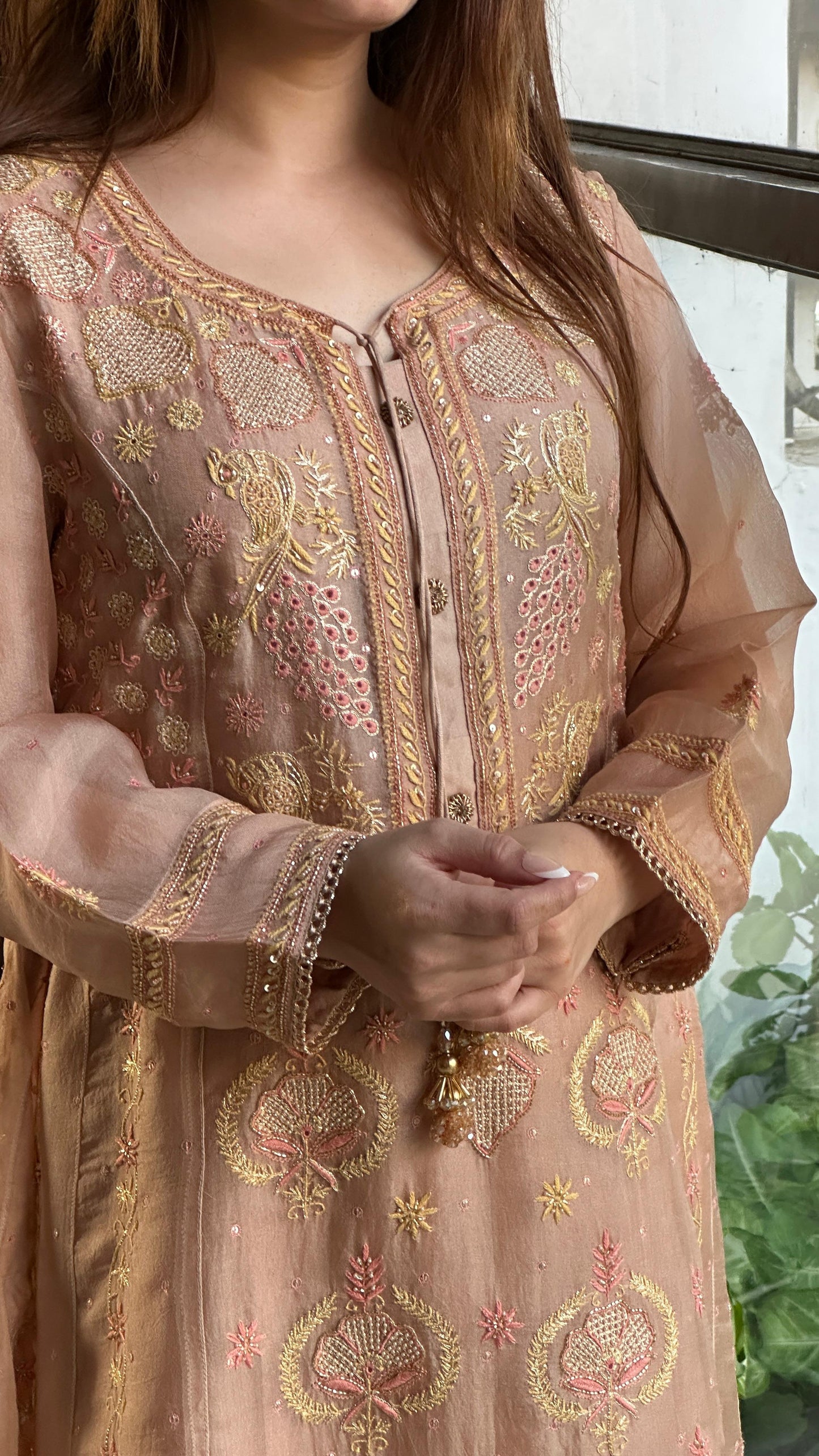 Almond Pink Noor Organza Chikankari A Line Kurta With Dupatta