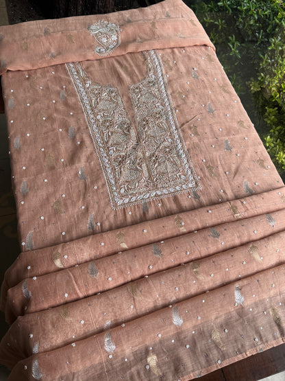 Almond Peach Shade Banarasi Zari Chanderi Unstitched Chikankari Fabric