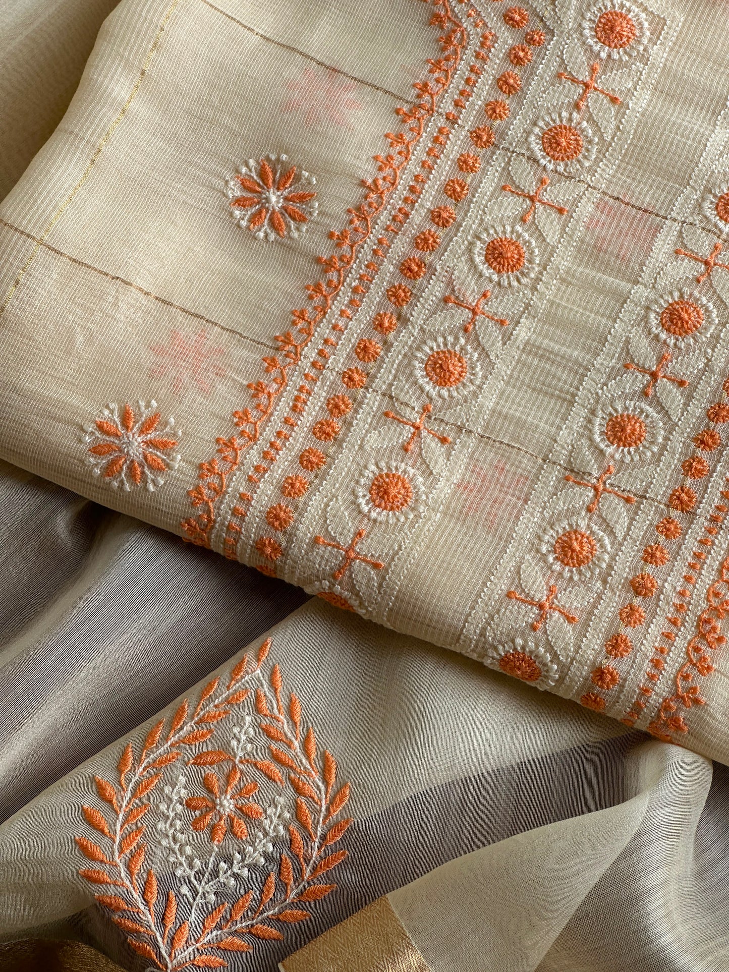 Cream Shade Tissue Zari Kota Chikankari Unstitched Fabric