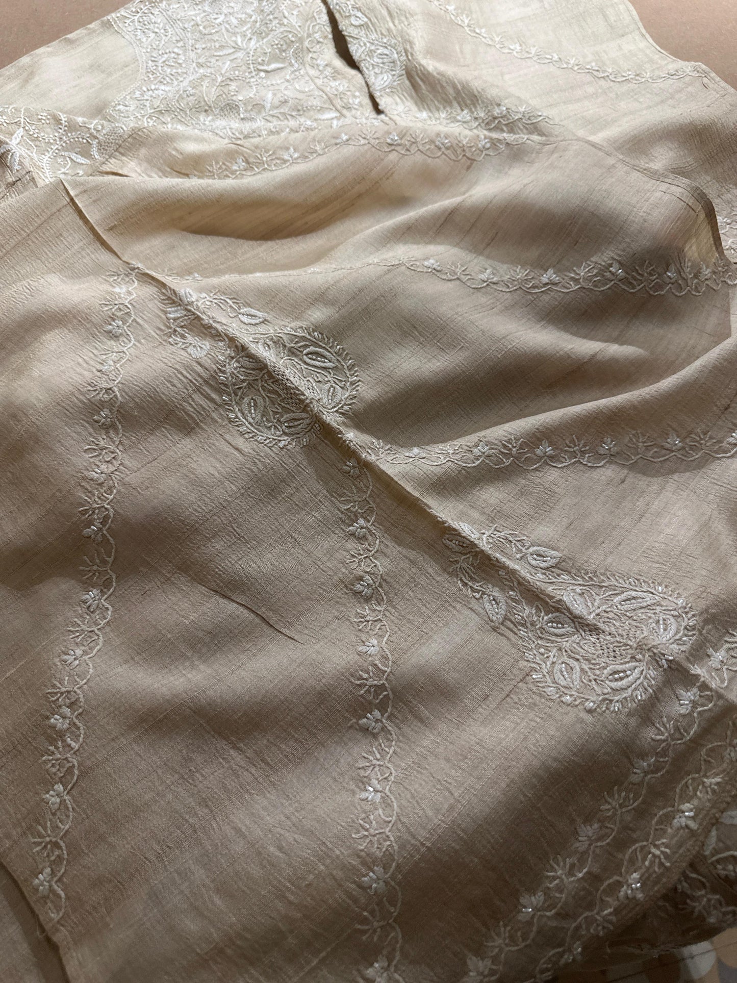 Semi Stitched Natural Shade Tussar Silk Chikankari Kurta Dupatta Set