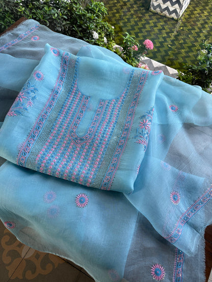 Blue Multi Shade Organza Silk Chikankari Unstitched Fabric