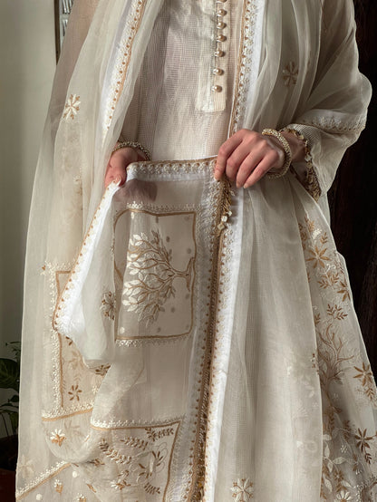 Ivory Kota Pattu Chikankari Suit Set with Organza Dupatta & Pearl Loop Buttons