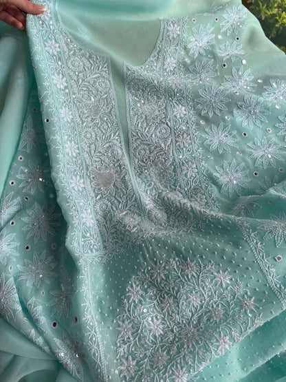 Aqua Green shade Georgette Mirror Work Chikankari Kurta Dupatta Set