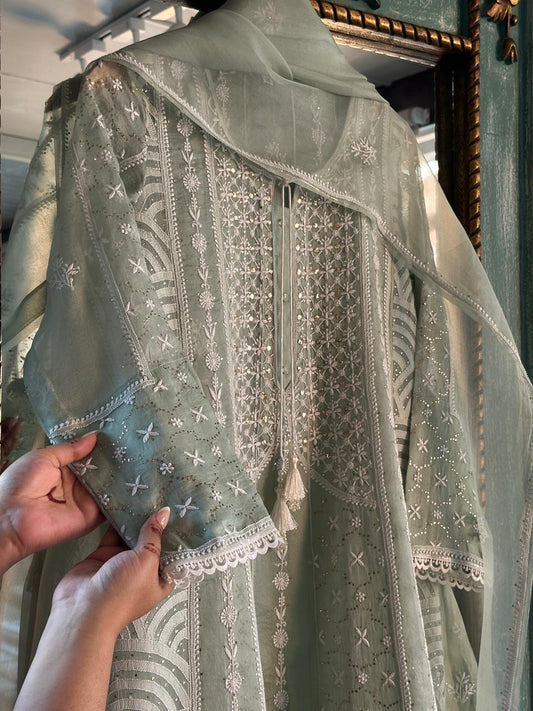 Sage Green Noor Organza Chikankari Mukaish Kurta Dupatta Set