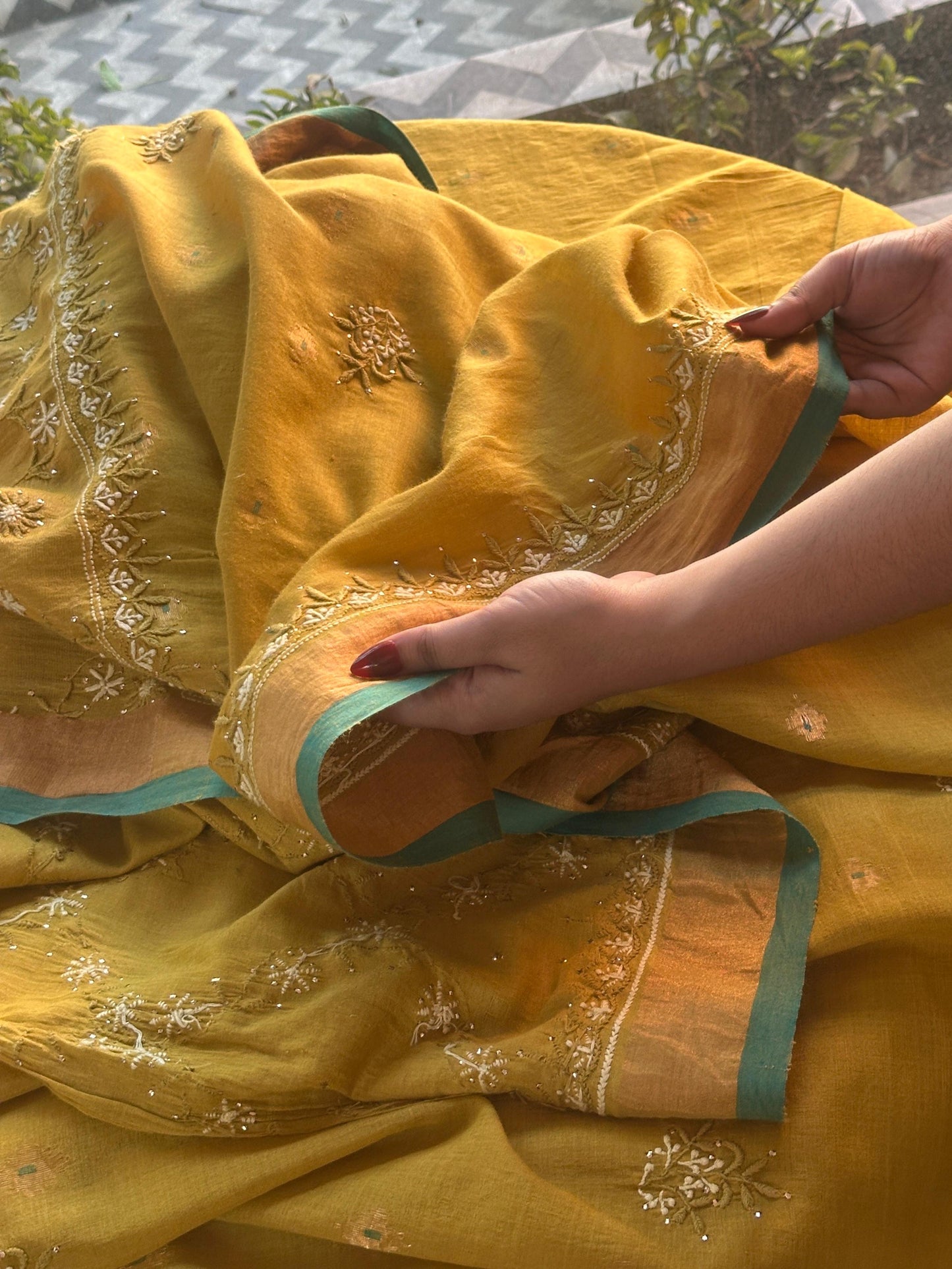 Mustard Yellow Shade Chanderi Chikankari Saree
