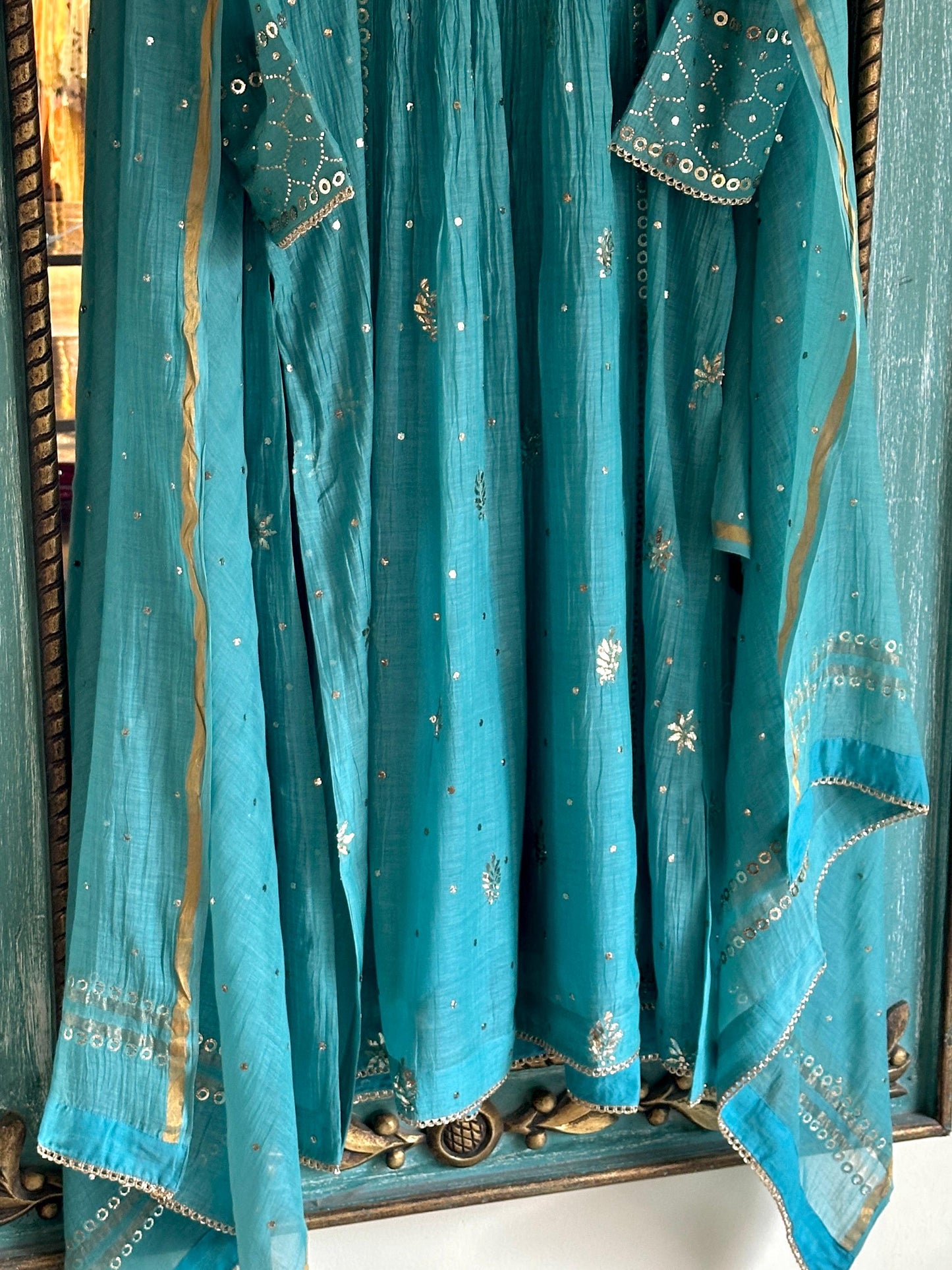 Sea Green Shade Mukaish Mul Chanderi Silk Dress