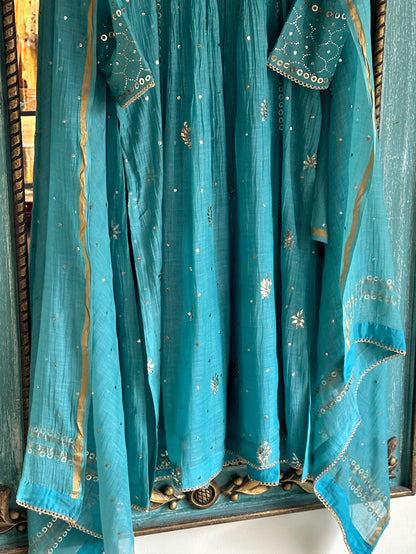 Sea Green Shade Mukaish Mul Chanderi Silk Dress