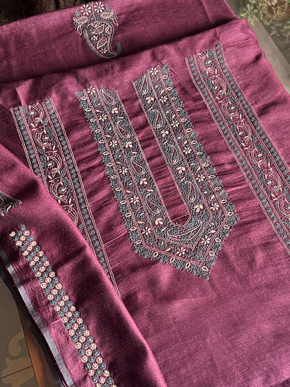 Wine Shade Moonga Silk Chikankari Men’s Kurta Fabric
