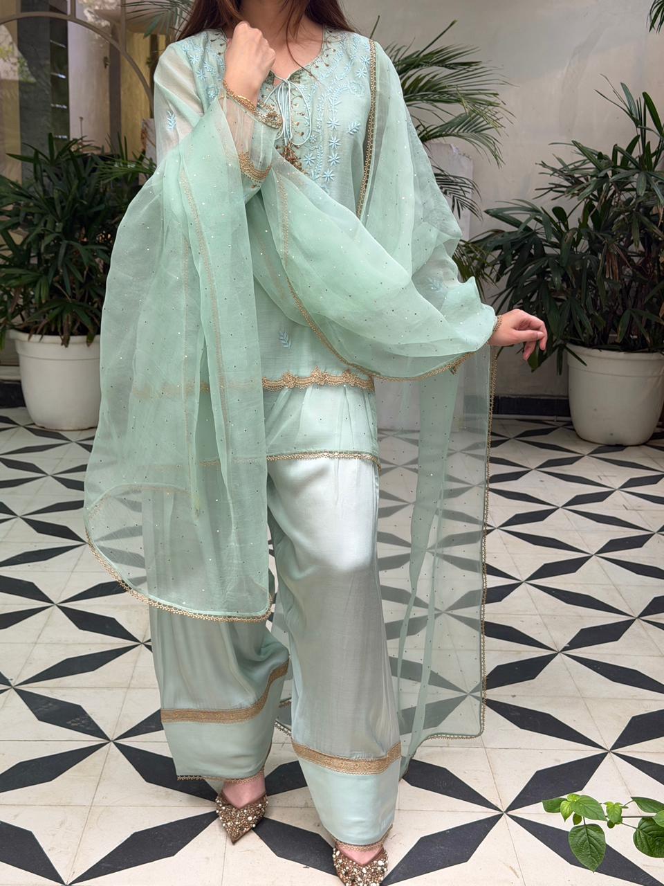 Satin Linen Farshi Sets With Chikankari & Kamdani