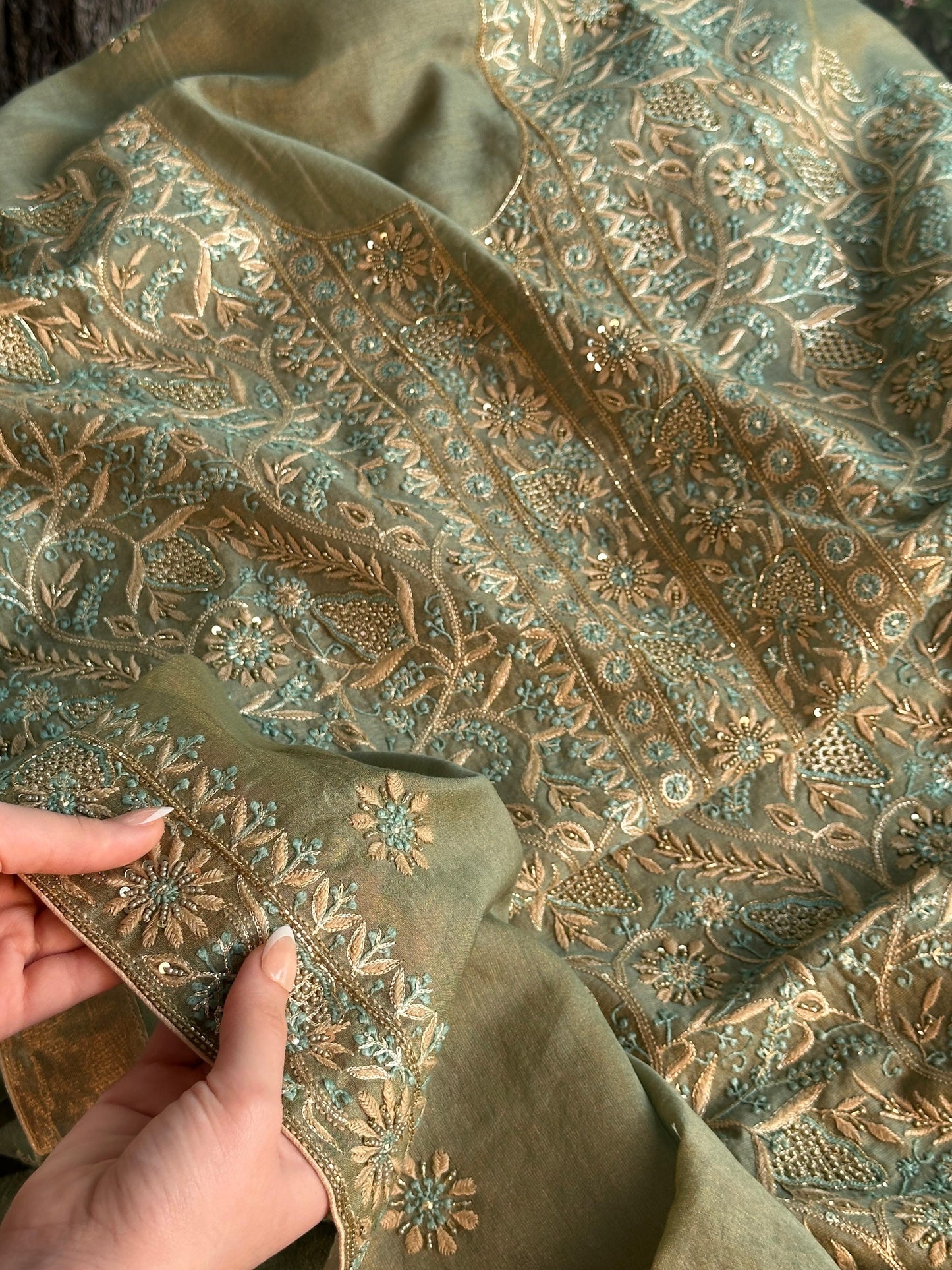 Cement Green Multi Shade Tissue Silk Chikankari Unstitched Fabric