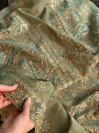 Cement Green Multi Shade Tissue Silk Chikankari Unstitched Fabric