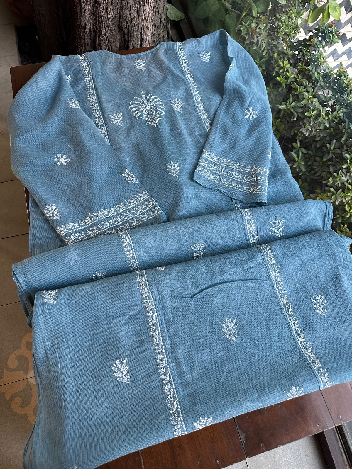 Blue Shade Semi Stitched Kota Tepchi Chikankari Kurta Dupatta Set