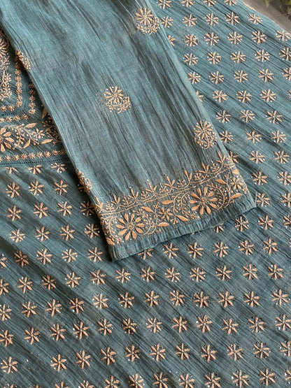 Grey Blue Shade | Tissue Silk Chikankari Work Kurta Set