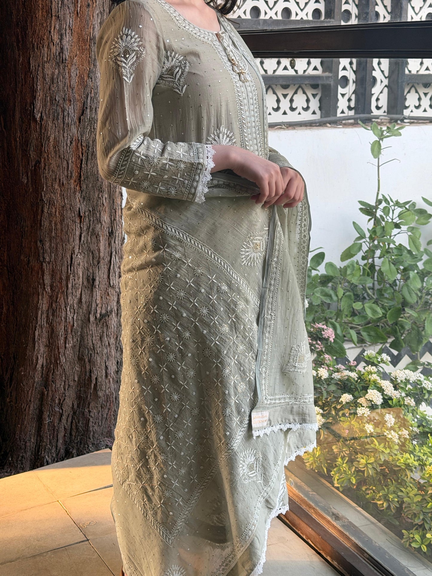 Grey Green Mulmul Pearl White Chikankari Kurta With Heavy Dupatta