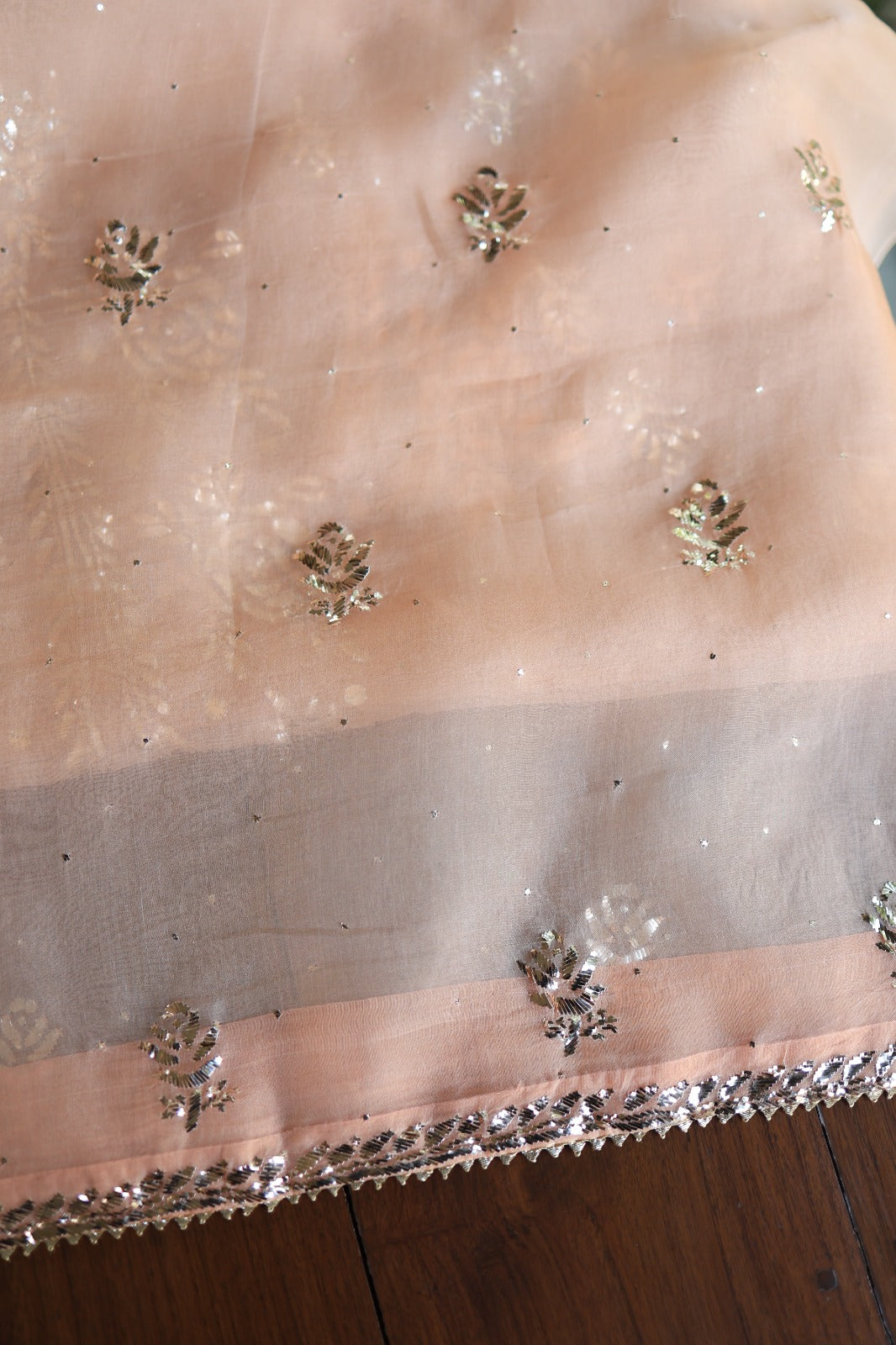 Peach Shade Noor Organza Silk Badla Unstitched Kurta Dupatta Set