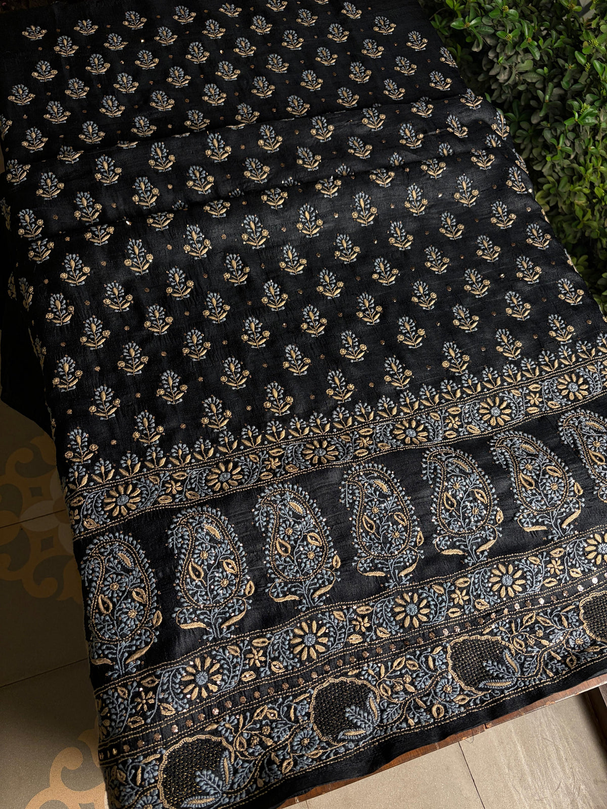 Black Shade Roheen Tussar Silk Chikankari Fabric