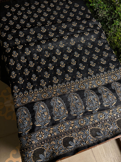 Black Shade Roheen Tussar Silk Chikankari Fabric
